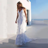 V-Neck White Suspender Dress